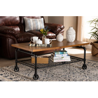 Baxton Studio YLX-2729-CT Tamara Vintage Rustic Industrial Walnut Brown Finished Wood and Black Finished Metal Wheeled Coffee Table